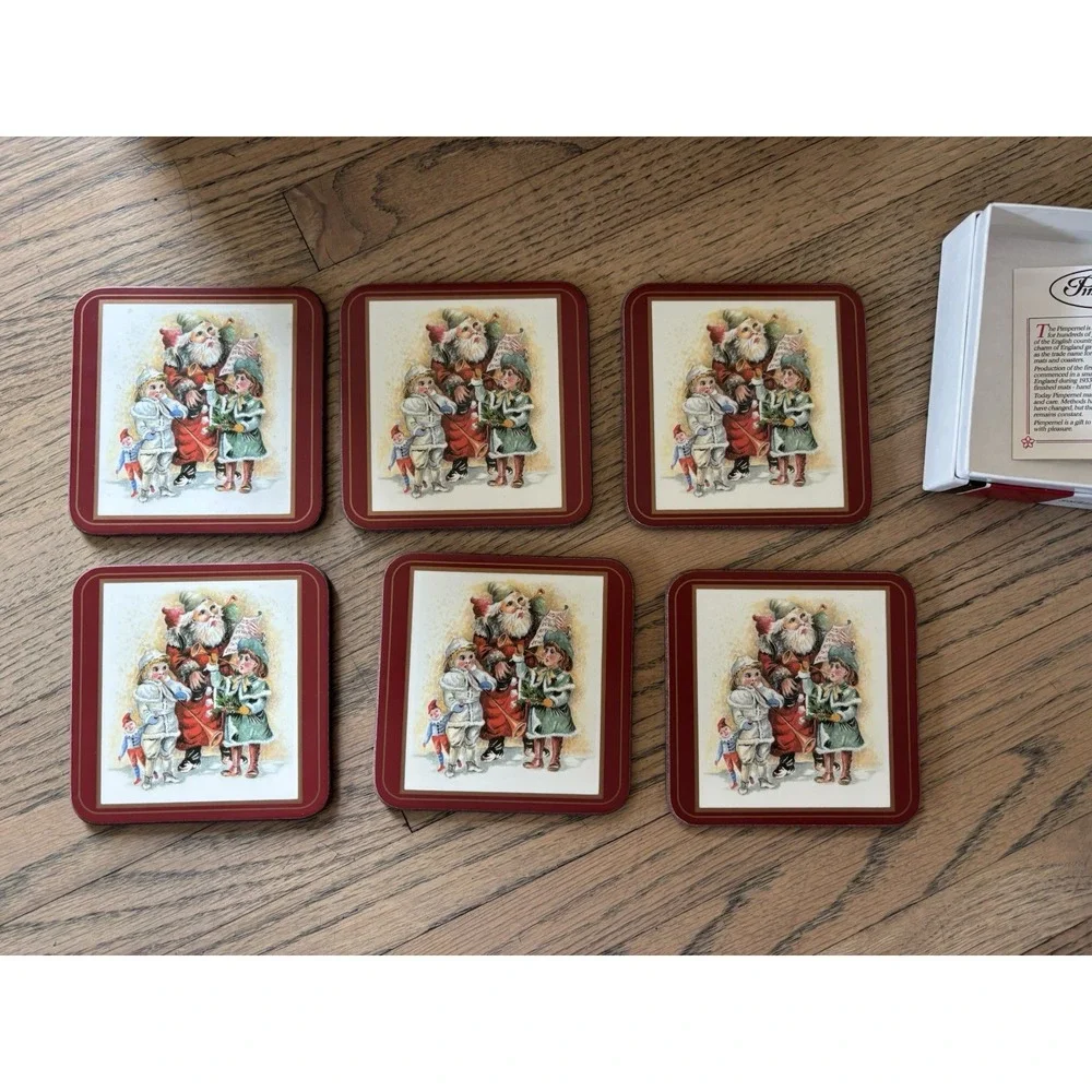 VTG 80s Pimpernel Father Christmas Santa Coasters‎ Set Of 6 Cork Backed England